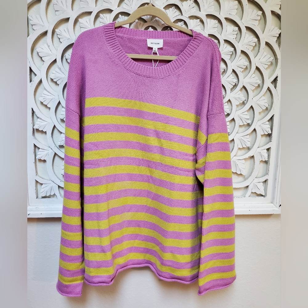 Heyson 3X Lilac Rose Pink & Yellow Striped Oversized Sweater NWT
